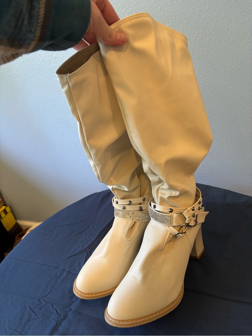 Women's Cream Mid-Calf Buckle Heeled Boots